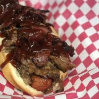 Beef Bacon Dog Topped With Brisket · Hotdog, brisket, beef bacon, BBQ sauce