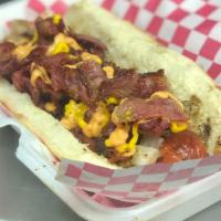 Chopps Street Dog · Beef bacon, grilled onions, mayo, ketchup.