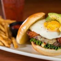 Hangover Burger* · Because everything tastes better with breakfast on it! Applewood smoked bacon, hash browns, ...
