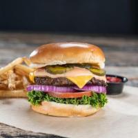Thousand Island Burger* · Melted American cheese, lettuce, tomato, red onion, pickles, and garlic butter, all doused i...