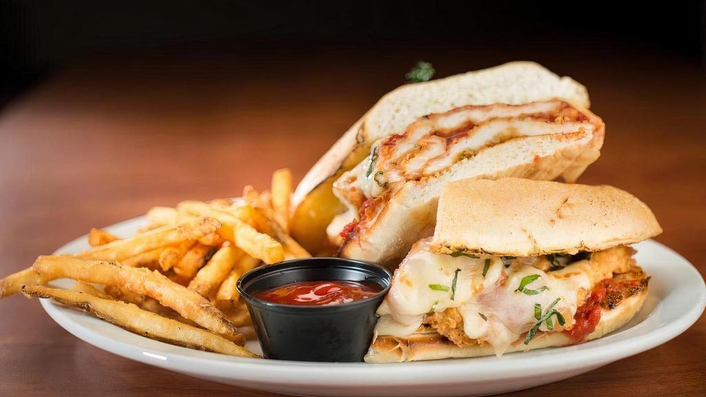 Chicken Parmesan Sandwich · ...you taste so good . Tender, battered chicken nestled into a hoagie and smothered in mozzarella, parmesan, marinara sauce, and fresh basil.