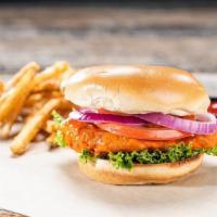 Buffalo Chicken Sandwich · Hand-battered crispy chicken breast tossed in our medium sauce, with lettuce, tomato, and re...