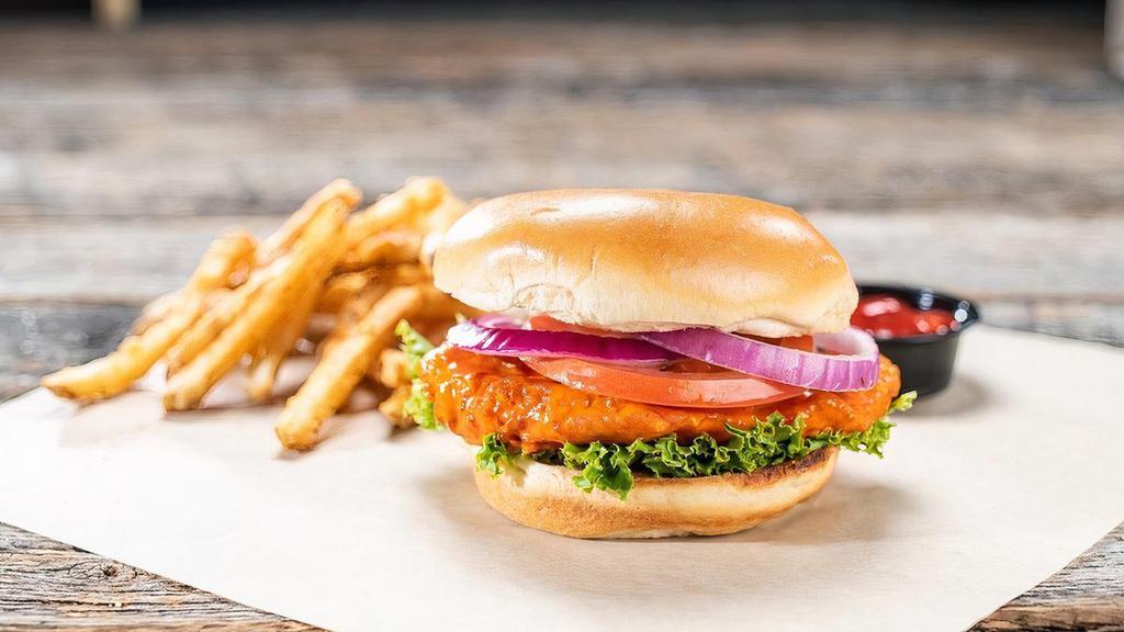 Buffalo Chicken Sandwich · Hand-battered crispy chicken breast tossed in our medium sauce, with lettuce, tomato, and red onion.