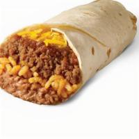 Beef Bueno Burrito · Refried Beans, Mexican Rice, Beef, Chili Sauce, & Cheddar on a Soft Flour Tortilla.