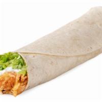 Chicken Bueno Burrito · Refried Beans, Mexican Rice, Chicken, Chili Sauce & Cheddar on a Soft Flour Tortilla.