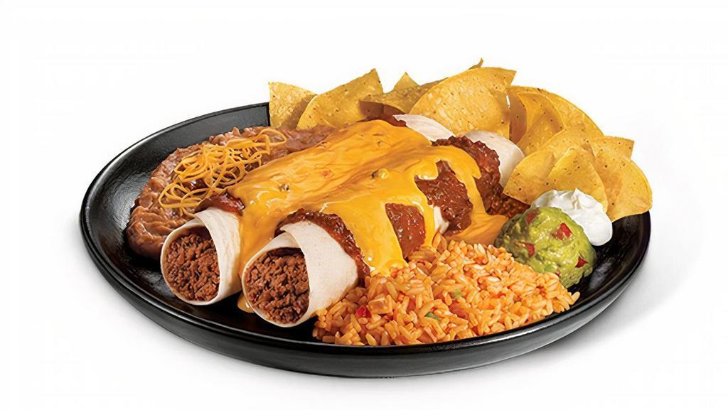 Beef Chilada Platter · Two Beef Chiladas, rice, beans, sour cream, guac, and a small bag of chips