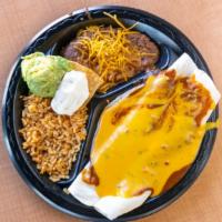 Beef Chilada/Taco Platter · Beef Chilada, Beef Taco (choice of crispy or soft), rice, beans, sour cream, guac, and a sma...