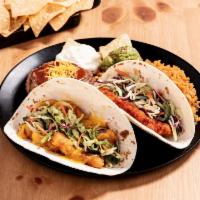 Chicken Taco Platter · Two Chicken Tacos (choice of crispy or soft), rice, beans, sour cream, guac, and a small bag...