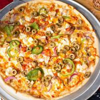 Large Mediterranean · Olive oil, chicken, mozzarella, cheddar, feta, onions, green peppers, tomatoes and green oli...