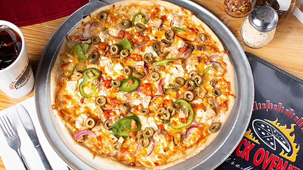 Medium Mediterranean · Olive oil, chicken, mozzarella, cheddar, feta, onions, green peppers, tomatoes and green olives.