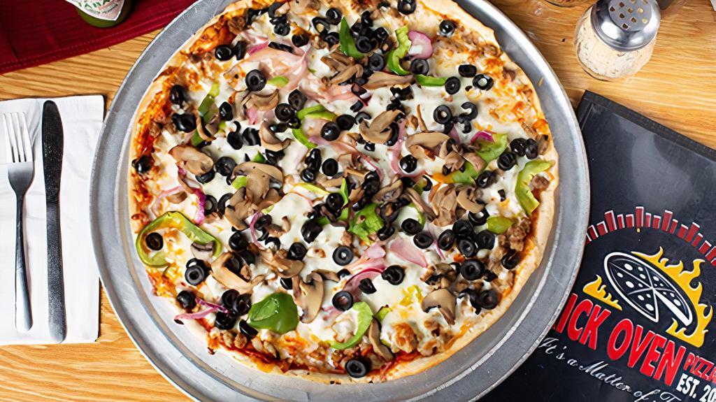 Large Supreme · Pizza sauce, pepperoni, ham, sausage, beef, mozzarella, green peppers, onions, mushrooms and black olives.