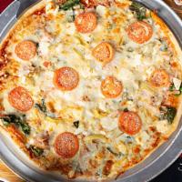 Small Favorite · Olive oil, pizza sauce, spinach, turkey, artichokes, roma tomatoes, mozzarella, feta, pepper...