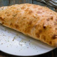 Calzone Mediterranean · Olive oil, chicken, mozzarella, cheddar, feta, onions, green peppers, tomatoes and green oli...