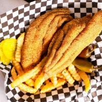 Catfish Fillet Basket · Two Golden Fried Real American Catfish Fillets