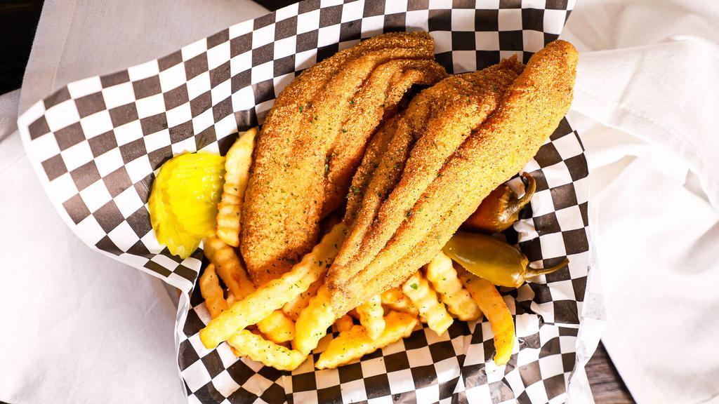 Catfish Fillet Basket · Two Golden Fried Real American Catfish Fillets