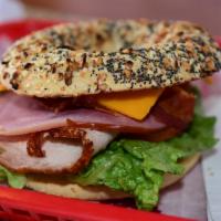 Turkey Club Sandwich · Roast turkey, bacon, american cheese, mayonnaise, lettuce, and tomato. Served on choice of f...
