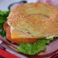 Ham And Cheddar Sandwich · Ham, cheddar cheese, lettuce, tomato, and mayonnaise. Served on choice of fresh baked bagel ...