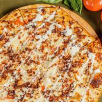 Bacon, Chicken & Ranch · GRILLED CHICKEN, CRISPY BACON, DICED TOMATOES, ALFREDO SAUCE WITH A RANCH DRIZZLE