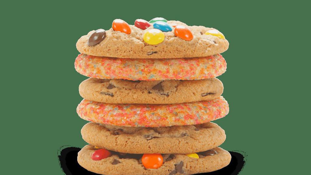 1/2 Dozen Cookies · 1/2 Dozen cookies (6) in the flavors combination  of your choice. 

(Choices: Original Chocolated Chip, M&M, Sugar, Birthday Cake, White Macadamia, Peanut Butter)

*Restaurant might substitute sold-out flavors with in-stock flavors.