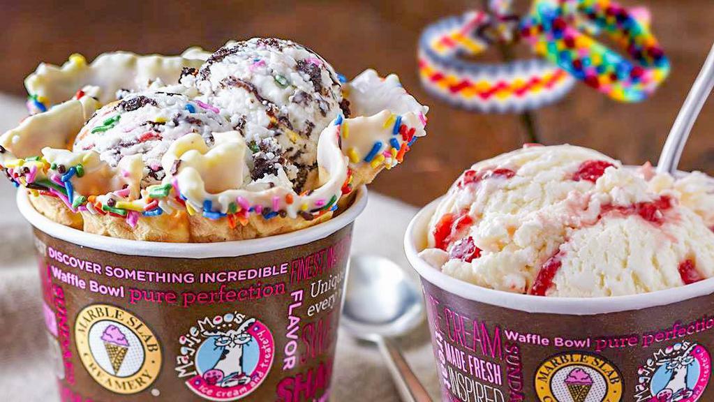 Marble Slab Ice Cream · Home made ice cream from Marble Slab Creamery available to fulfill your sweet cravings.
Select up to 3 mix-in's.