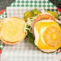 Aloha Burger · 100% Angus Beef Big Patty, Pineapple, ham, American & Provolone Cheese.