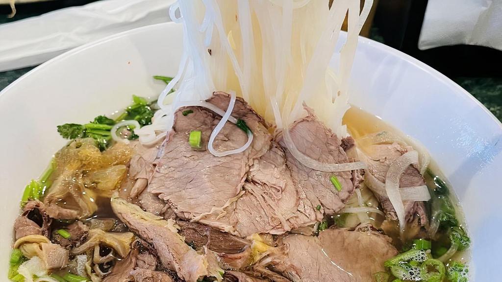 Pho Chin, Nam, Gau, Gan, Sach · Rice noodle soup with brisket, flank, fatty brisket, tendon, and tripe