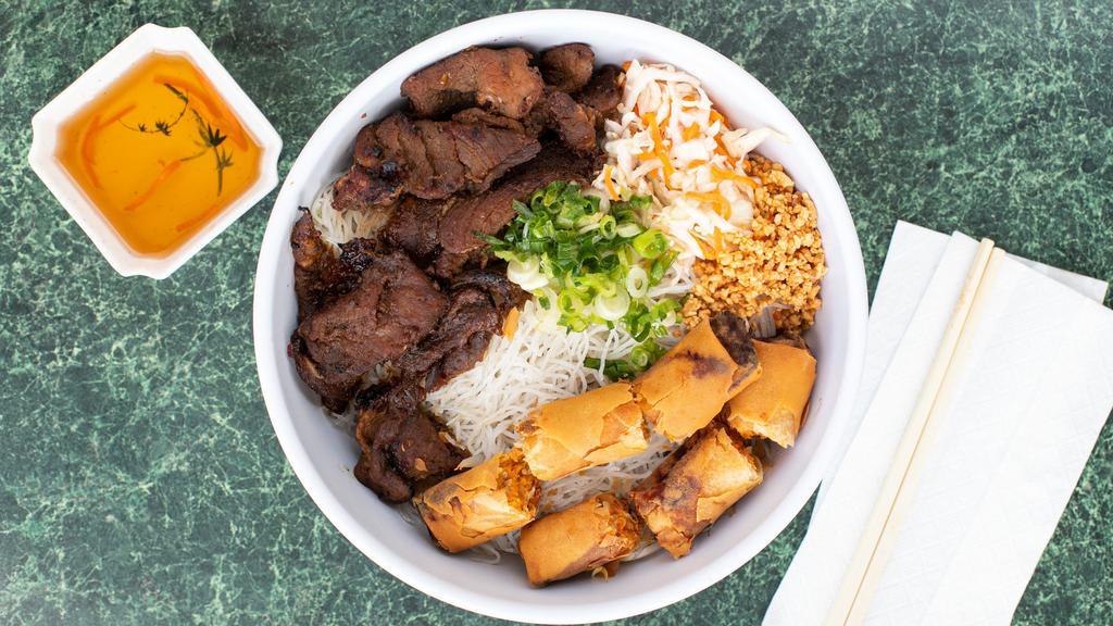 Bun Cha Thit/Ga/Bo Nuong · Contains nut. Vermicelli with egg rolls and your choice of grilled pork, chicken, or beef on a bed of bean sprouts and lettuce, topped with peanuts, green onions, and pickled cabbage/carrots