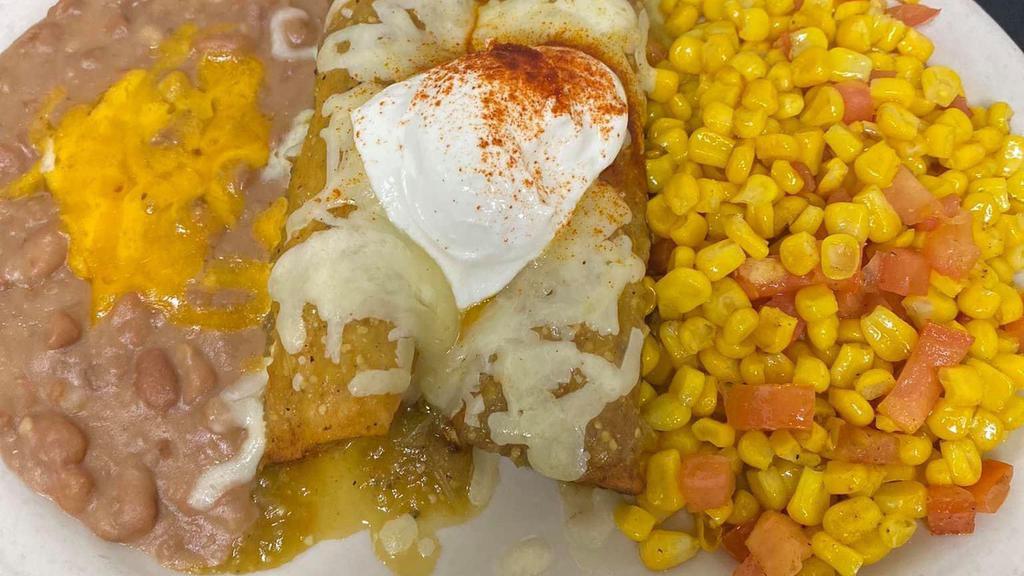Suizas Chicken Enchiladas (2 Pc.) · Topped with Verde, refried, corn.