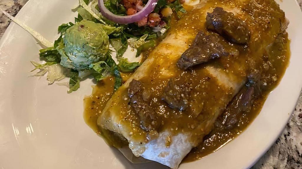 Santa Fe Burrito · stuffed w/beef tenderloins,salsa verde,rice,beans side of pico and guac