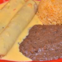 Enchiladas De Queso Jr · Two cheese enchiladas (or your choice of meat) with rice and refried beans.