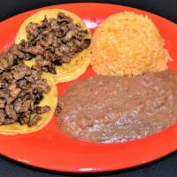 Tacos Jr · Two corn mini tacos with your choice of meat served with rice and refried beans