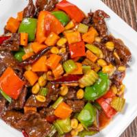 Kung Pao Beef · Stir-Fried Beef with Celery,Carrots,Green Peppers,Red Peppers and Peanuts in Kung Lao Sauce