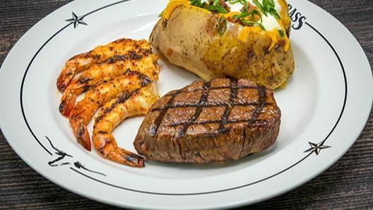 Gulf Coast Steak & Shrimp · Center-cut top sirloin with grilled or fried shrimp. Served with a side & your choice of dinner Caesar salad, dinner salad (with a choice of honey-mustard, chunky bleu cheese, ranch, Thousand Island or balsamic vinaigrette), or upgrade to a wedge salad.