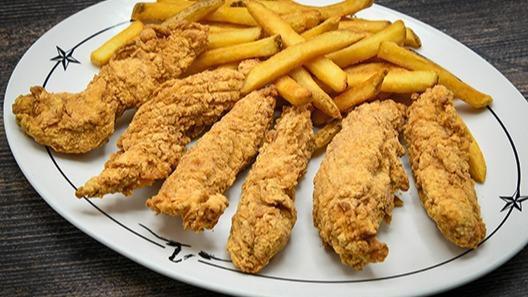 Chicken Tenders · Served with a side & your choice of dinner Caesar salad, dinner salad (with a choice of honey-mustard, chunky bleu cheese, ranch, Thousand Island or balsamic vinaigrette), or upgrade to a wedge salad.