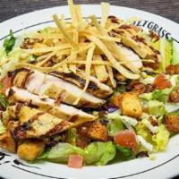 Grilled Chicken Salad · Garden greens, bacon, eggs, croutons, tomatoes. Choice of dressing: ranch, honey mustard, ch...