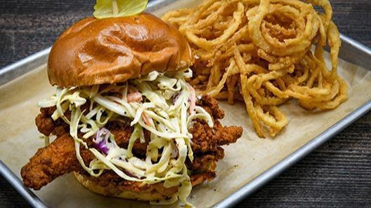 Nashville Chicken Sandwich · Spicy fried chicken, pickles, pickled slaw.