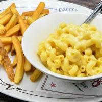 Macaroni & Cheese · Pasta covered with cheese sauce. Choice of side fries, broccoli, or mashed potato.