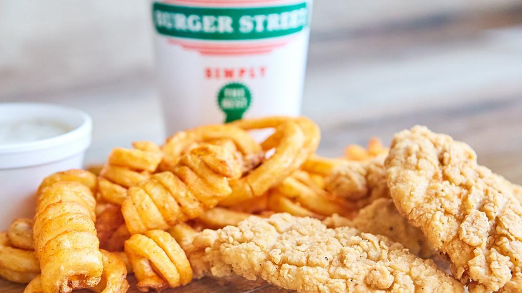 Chicken Strips Basket Combo · *Due to limited supply, Each combo may come with seasoned curly fries or seasoned French fries*