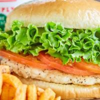 Grilled Chicken Sandwich Combo · Mayonnaise, mustard, ketchup, pickles, romaine lettuce, tomatoes, and purple onions.