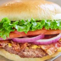 Bacon Bacon Cheeseburger · Mayonnaise, mustard, ketchup, cheese, pickles, romaine lettuce, tomatoes, and purple onions.