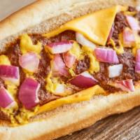 Chili Cheese Dog · Chili, Cheese, Mustard, and Diced Purple Onions
