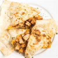 Chicken Quesadilla Plate · Large flour tortilla stuffed with melted cheeses and grilled chicken, ; served with a small ...