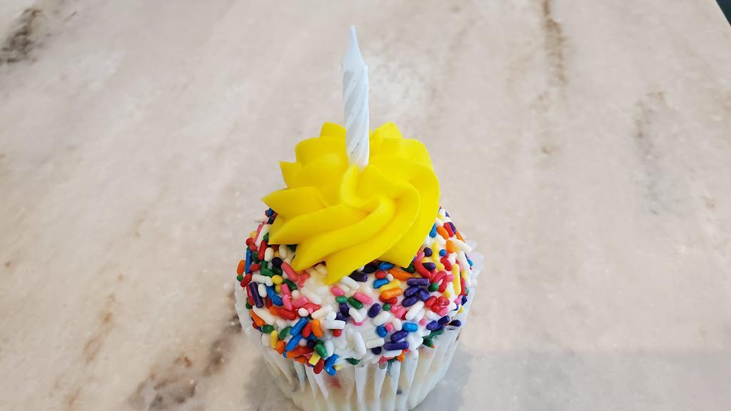 Birthday Surprise · A Gigi's twist on a birthday cake batter cupcake frosted with scrumptious buttercream frosting and mixed sprinkles.
