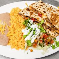 Quesadilla Plate · Your choice of meat served with cheese, onions, bell pepper, lettuce, sour cream, pico de ga...