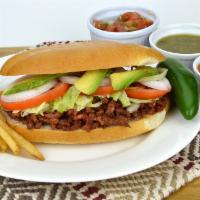 Tortas · One choice of meat served with lettuce, beans, tomato, avocado, mayonnaise, onion, and side ...