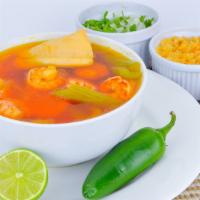 Caldo De Camaron Y Pescado (Seafood Soup) · Shrimp and Fish Soup (32oz)  served with side of rice, onions, cilantro, limes.