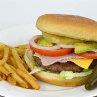 Big Burger · Served with slice of ham, cheese, lettuce, tomatoes, onion, Guacamole, mayonnaise, ketchup, ...
