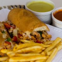 Chicken Sandwich · Sandwich made with grilled chicken, melted cheese, roasted bell peppers, onions and a side o...