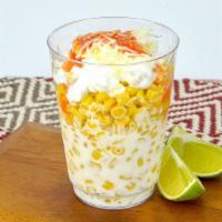 Elote (Corn In A Cup) · 10oz or 16oz cup served with corn, cheese, butter, mayo, lime, and sour cream.
