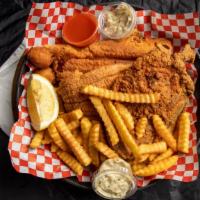 3 Fish N 3 Wing Combo · 3 Well Seasoned Catfish Filets and 3 Juicy Wings w/ fries and hushpuppies
